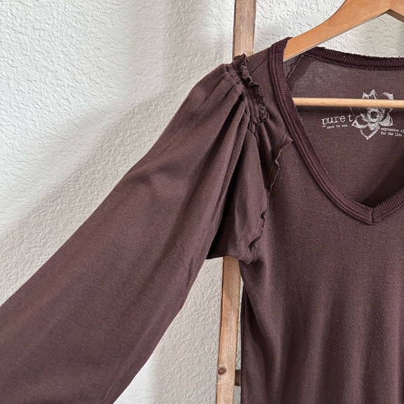 Pure T Brown Puff Shoulder Long Sleeve Top sz: 1 or Small - Picture 3 of 8